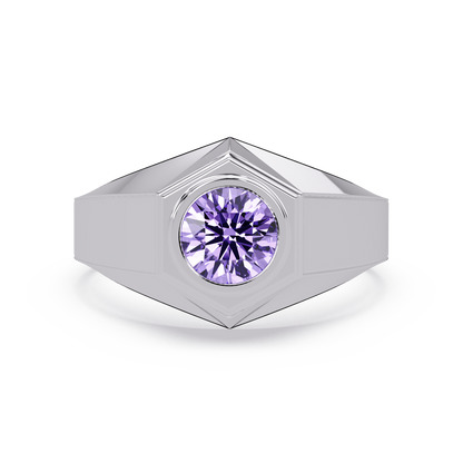 0.8 CTW Round Hexagonal Bezel Men’s Colorstone Ring with Amethyst Purple in White Gold – Lunéa Paris