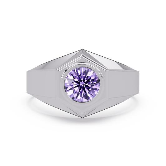 0.8 CTW Round Hexagonal Bezel Men’s Colorstone Ring with Amethyst Purple in White Gold – Lunéa Paris