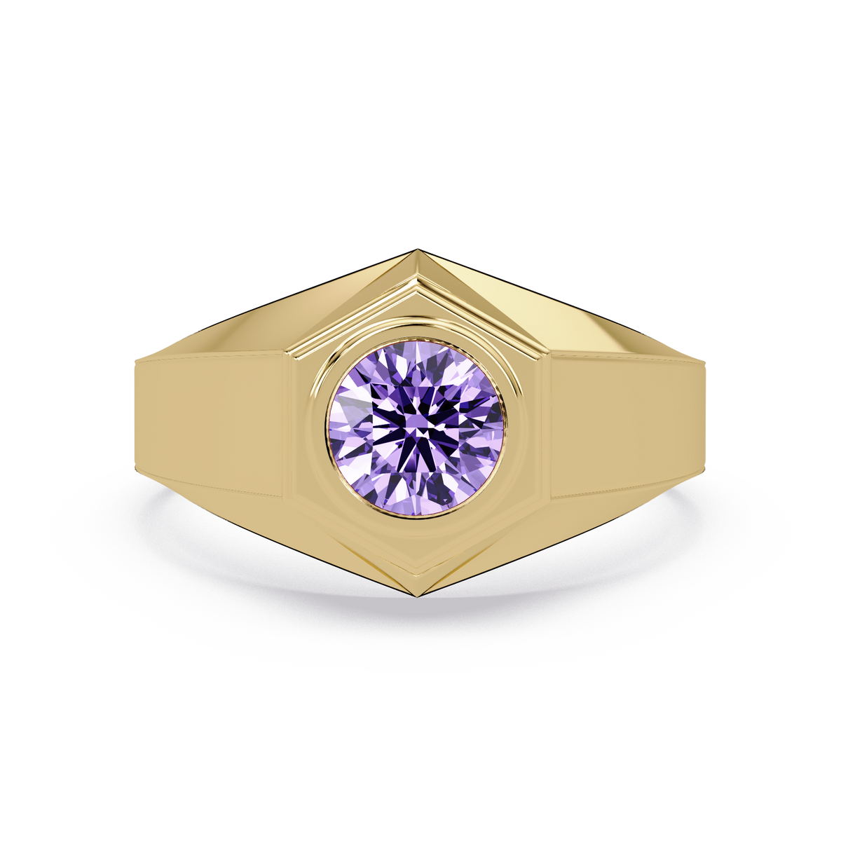 0.8 CTW Round Hexagonal Bezel Men’s Colorstone Ring with Amethyst Purple in Yellow Gold – Lunéa Paris