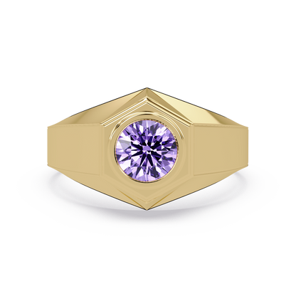0.8 CTW Round Hexagonal Bezel Men’s Colorstone Ring with Amethyst Purple in Yellow Gold – Lunéa Paris