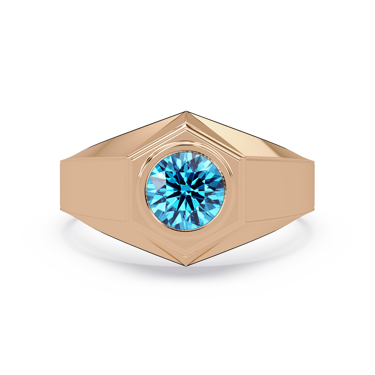 0.8 CTW Round Hexagonal Bezel Men’s Colorstone Ring with Aquamarine Blue in Rose Gold – Lunéa Paris