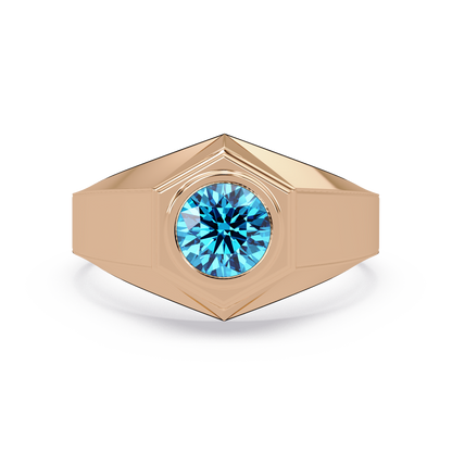 0.8 CTW Round Hexagonal Bezel Men’s Colorstone Ring with Aquamarine Blue in Rose Gold – Lunéa Paris