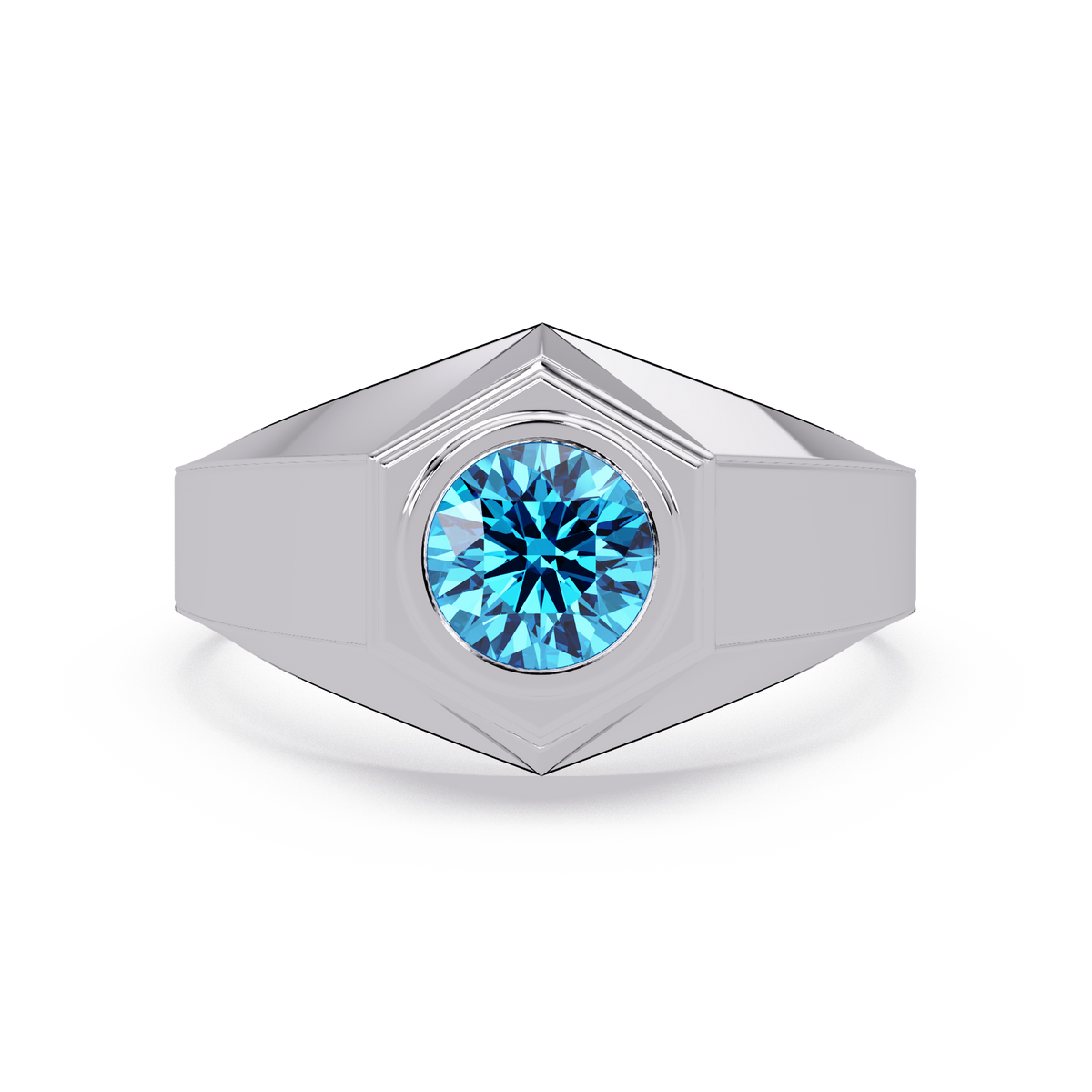 0.8 CTW Round Hexagonal Bezel Men’s Colorstone Ring with Aquamarine Blue in White Gold – Lunéa Paris