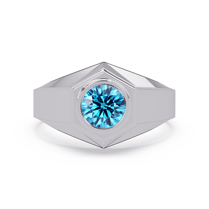 0.8 CTW Round Hexagonal Bezel Men’s Colorstone Ring with Aquamarine Blue in White Gold – Lunéa Paris