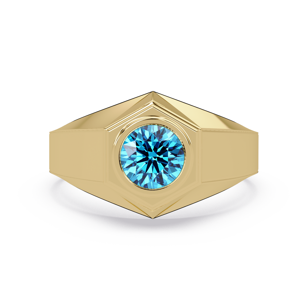 0.8 CTW Round Hexagonal Bezel Men’s Colorstone Ring with Aquamarine Blue in Yellow Gold – Lunéa Paris