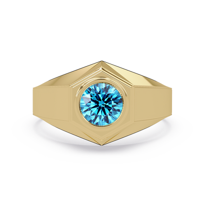 0.8 CTW Round Hexagonal Bezel Men’s Colorstone Ring with Aquamarine Blue in Yellow Gold – Lunéa Paris