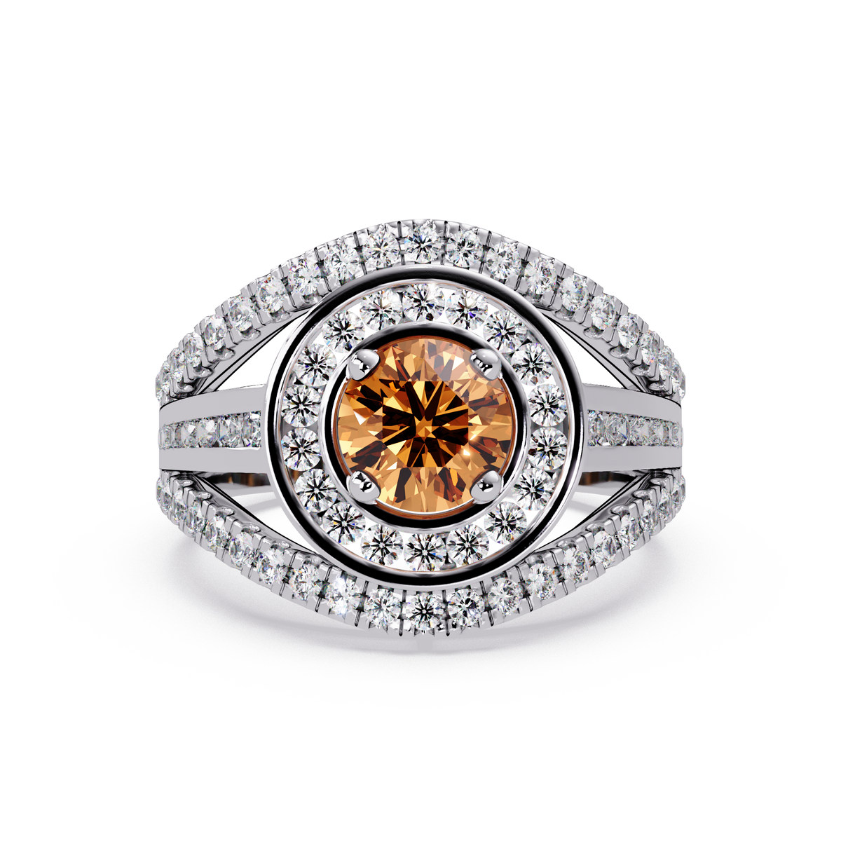 1.5 CTW Round Eye-Shaped Double-Halo Pavé Colorstone Ring CT White Gold