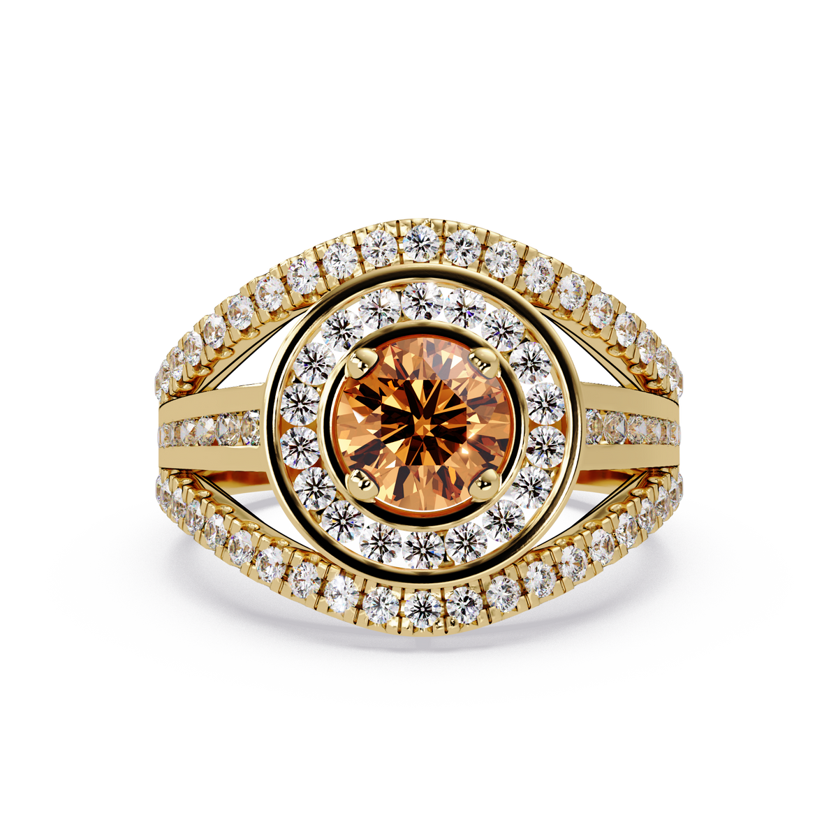 1.5 CTW Round Eye-Shaped Double-Halo Pavé Colorstone Ring CT Yellow Gold
