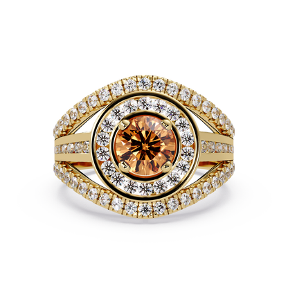 1.5 CTW Round Eye-Shaped Double-Halo Pavé Colorstone Ring CT Yellow Gold