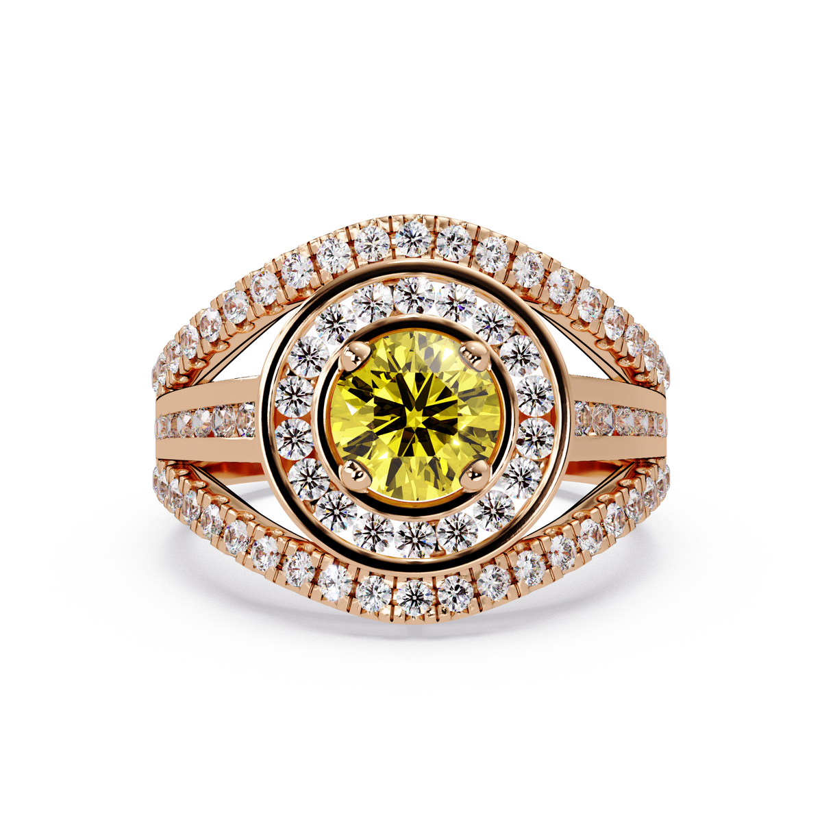 1.5 CTW Round Eye-Shaped Double-Halo Pavé Colorstone Ring CY Rose Gold