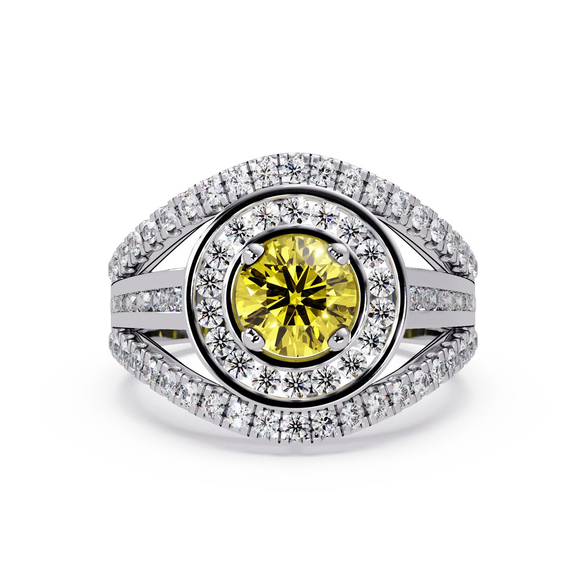 1.5 CTW Round Eye-Shaped Double-Halo Pavé Colorstone Ring CY White Gold