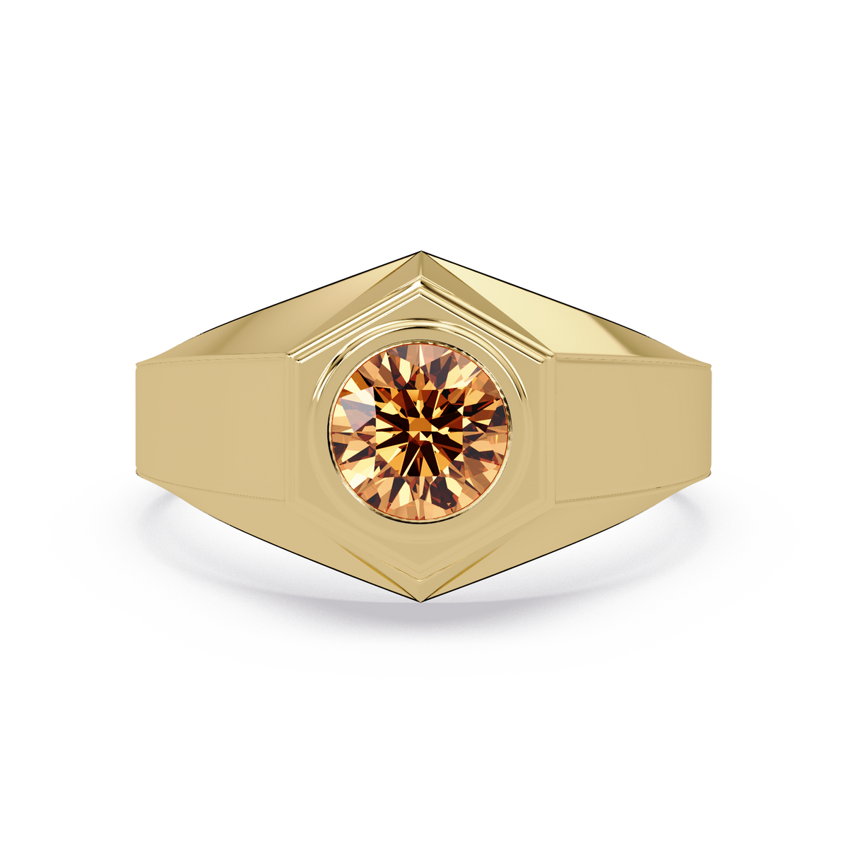 0.8 CTW Round Hexagonal Bezel Men’s Colorstone Ring with Champagne Topaz in Yellow Gold – Lunéa Paris