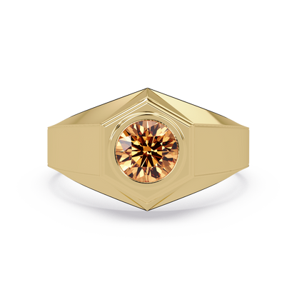 0.8 CTW Round Hexagonal Bezel Men’s Colorstone Ring with Champagne Topaz in Yellow Gold – Lunéa Paris