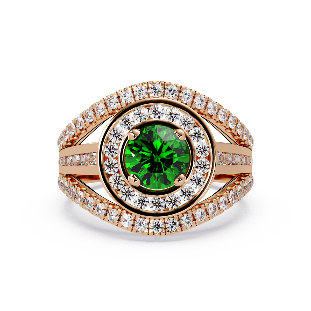 1.5 CTW Round Eye-Shaped Double-Halo Pavé Colorstone Ring EG Rose Gold