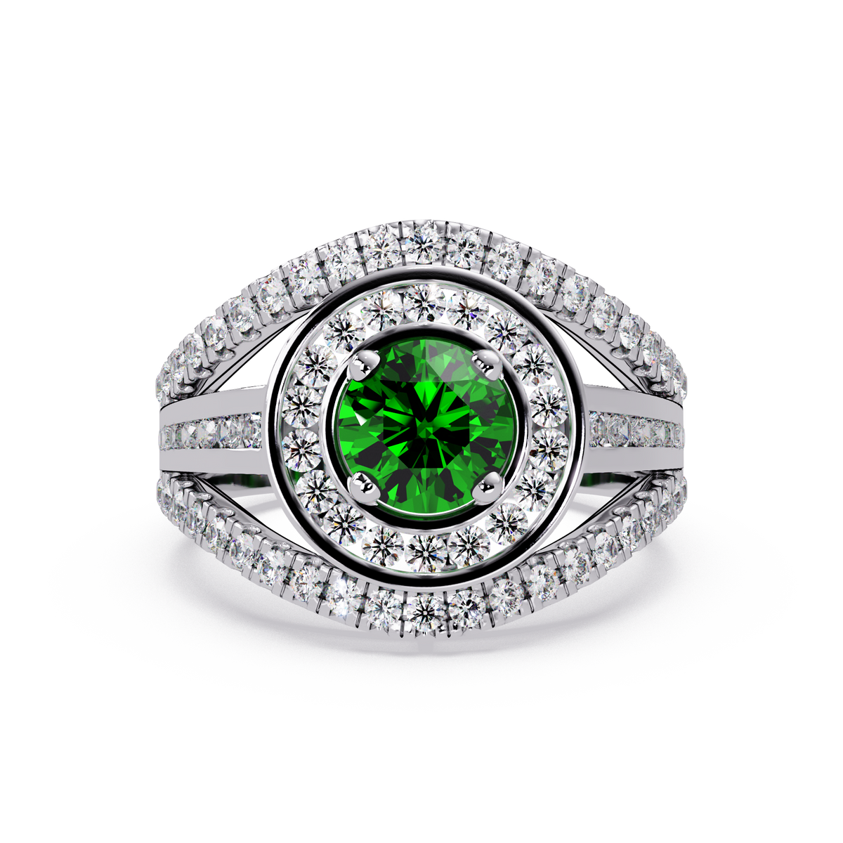 1.5 CTW Round Eye-Shaped Double-Halo Pavé Colorstone Ring EG White Gold