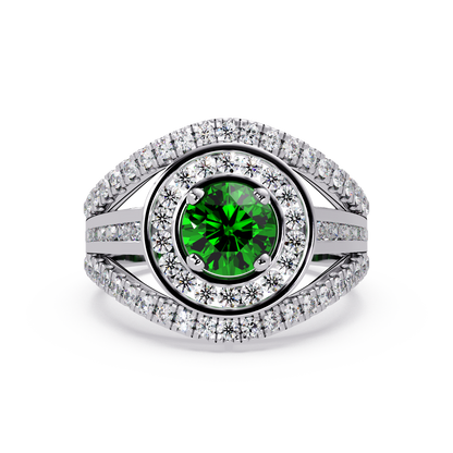 1.5 CTW Round Eye-Shaped Double-Halo Pavé Colorstone Ring EG White Gold
