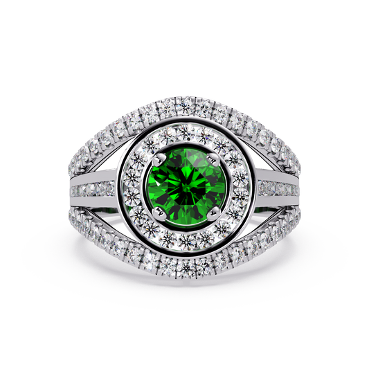 1.5 CTW Round Eye-Shaped Double-Halo Pavé Colorstone Ring EG White Gold