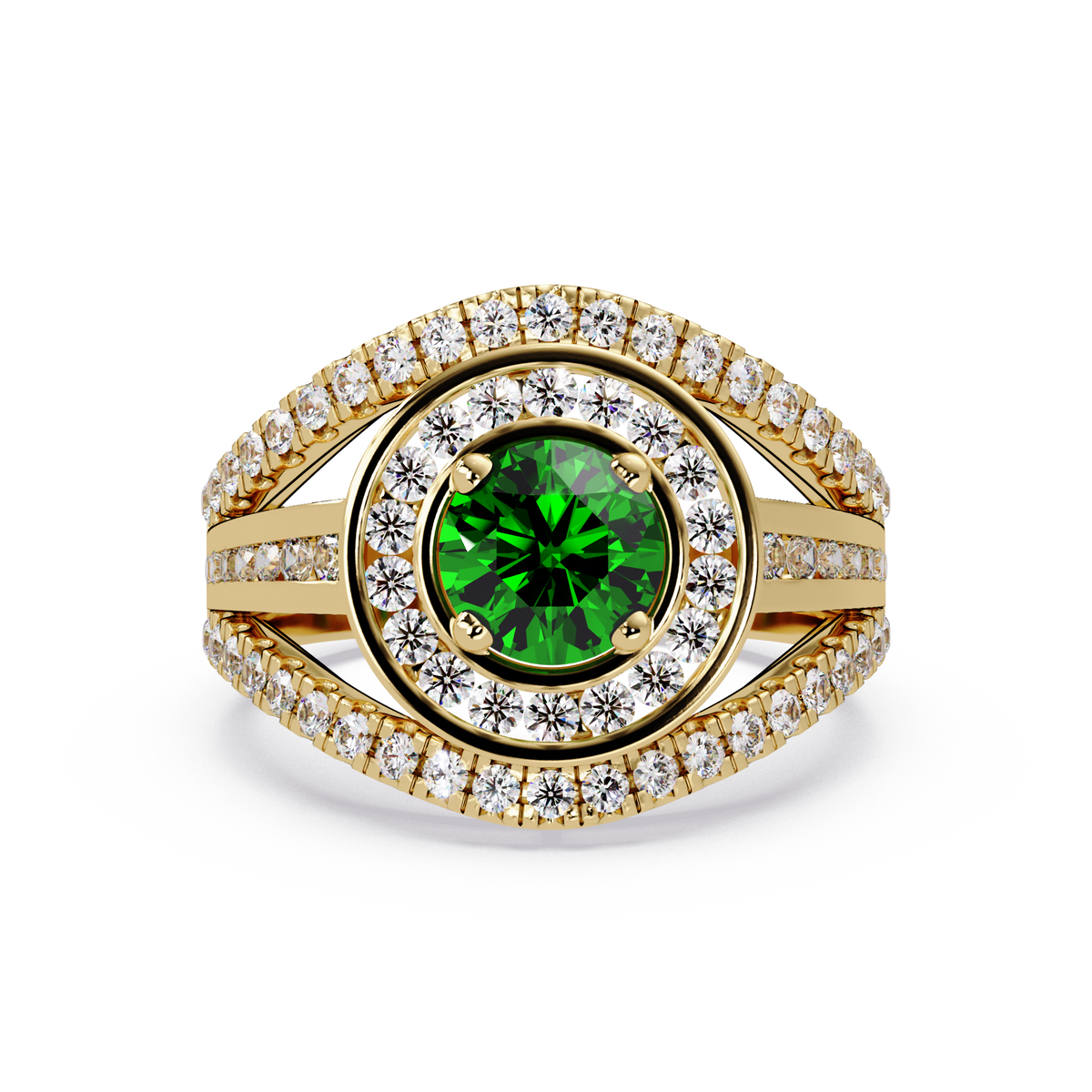 1.5 CTW Round Eye-Shaped Double-Halo Pavé Colorstone Ring EG Yellow Gold