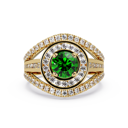 1.5 CTW Round Eye-Shaped Double-Halo Pavé Colorstone Ring EG Yellow Gold