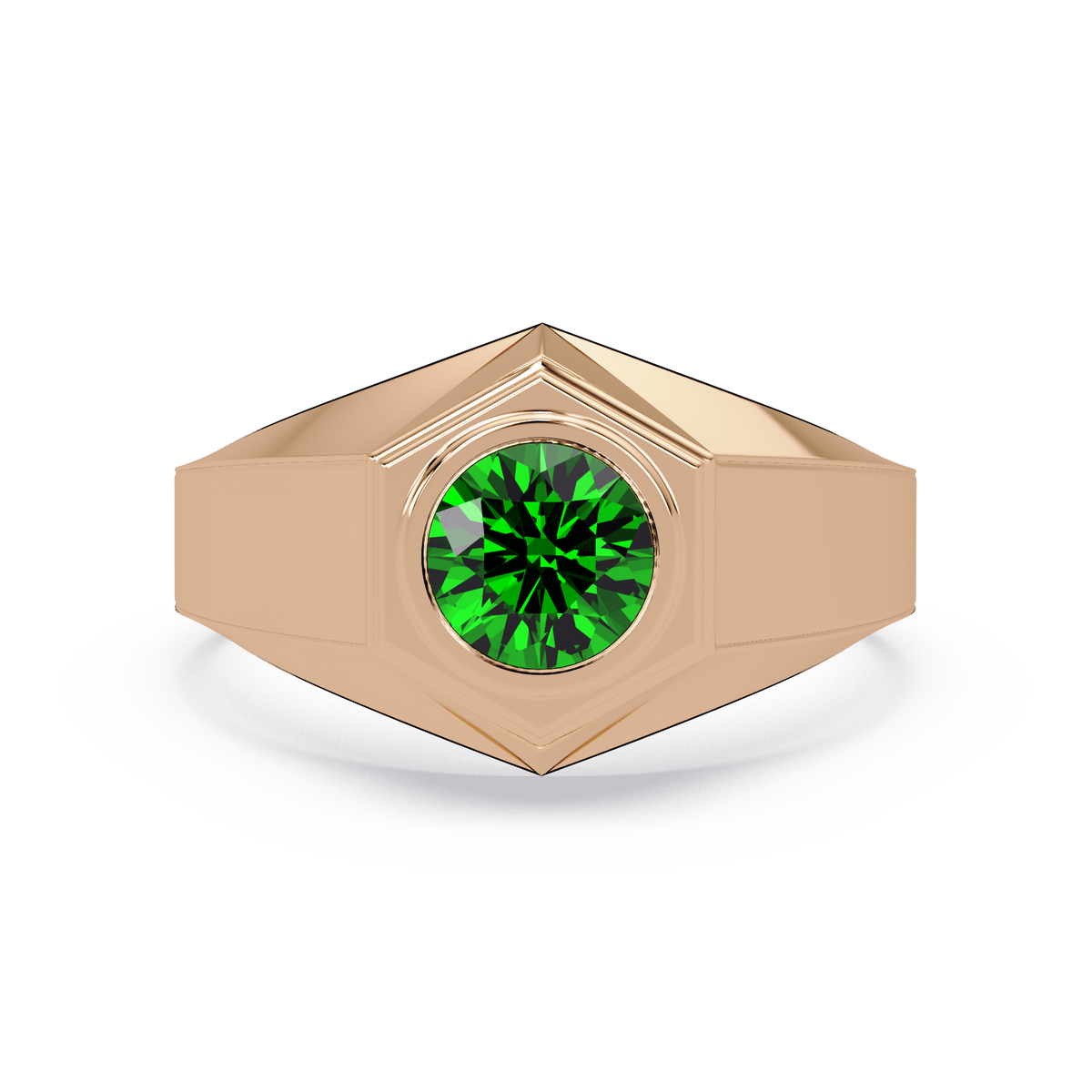 0.8 CTW Round Hexagonal Bezel Men’s Colorstone Ring with Emerald Green in Rose Gold – Lunéa Paris