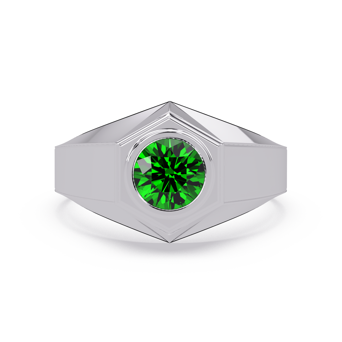 0.8 CTW Round Hexagonal Bezel Men’s Colorstone Ring with Emerald Green in White Gold – Lunéa Paris