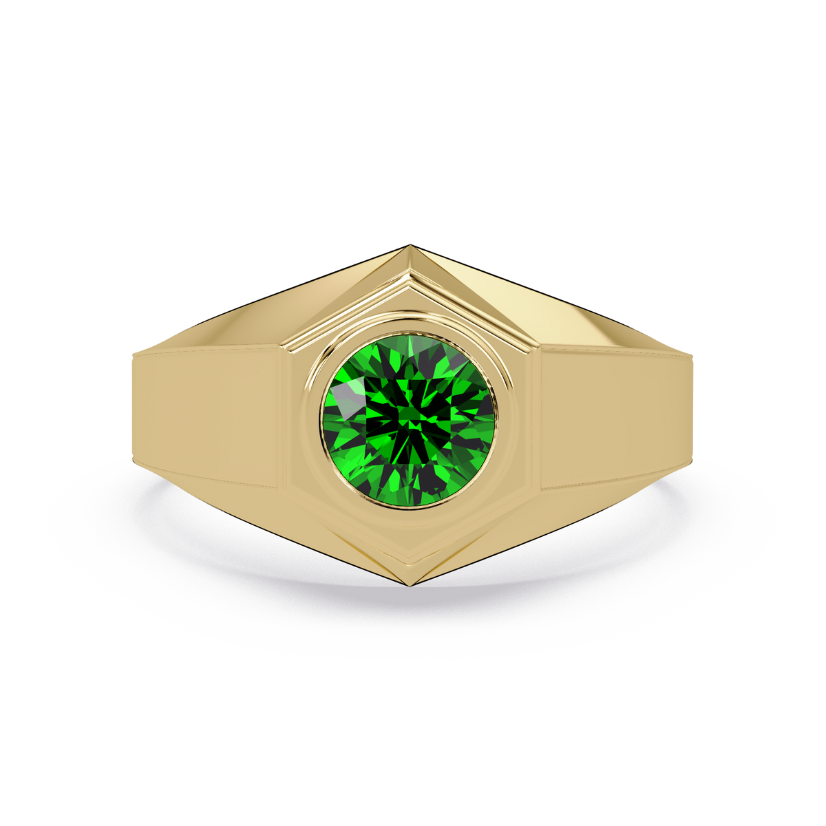 0.8 CTW Round Hexagonal Bezel Men’s Colorstone Ring with Emerald Green in Yellow Gold – Lunéa Paris
