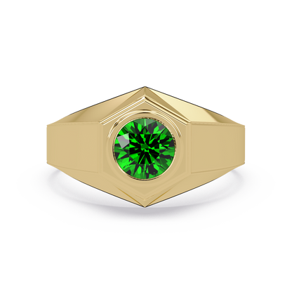 0.8 CTW Round Hexagonal Bezel Men’s Colorstone Ring with Emerald Green in Yellow Gold – Lunéa Paris