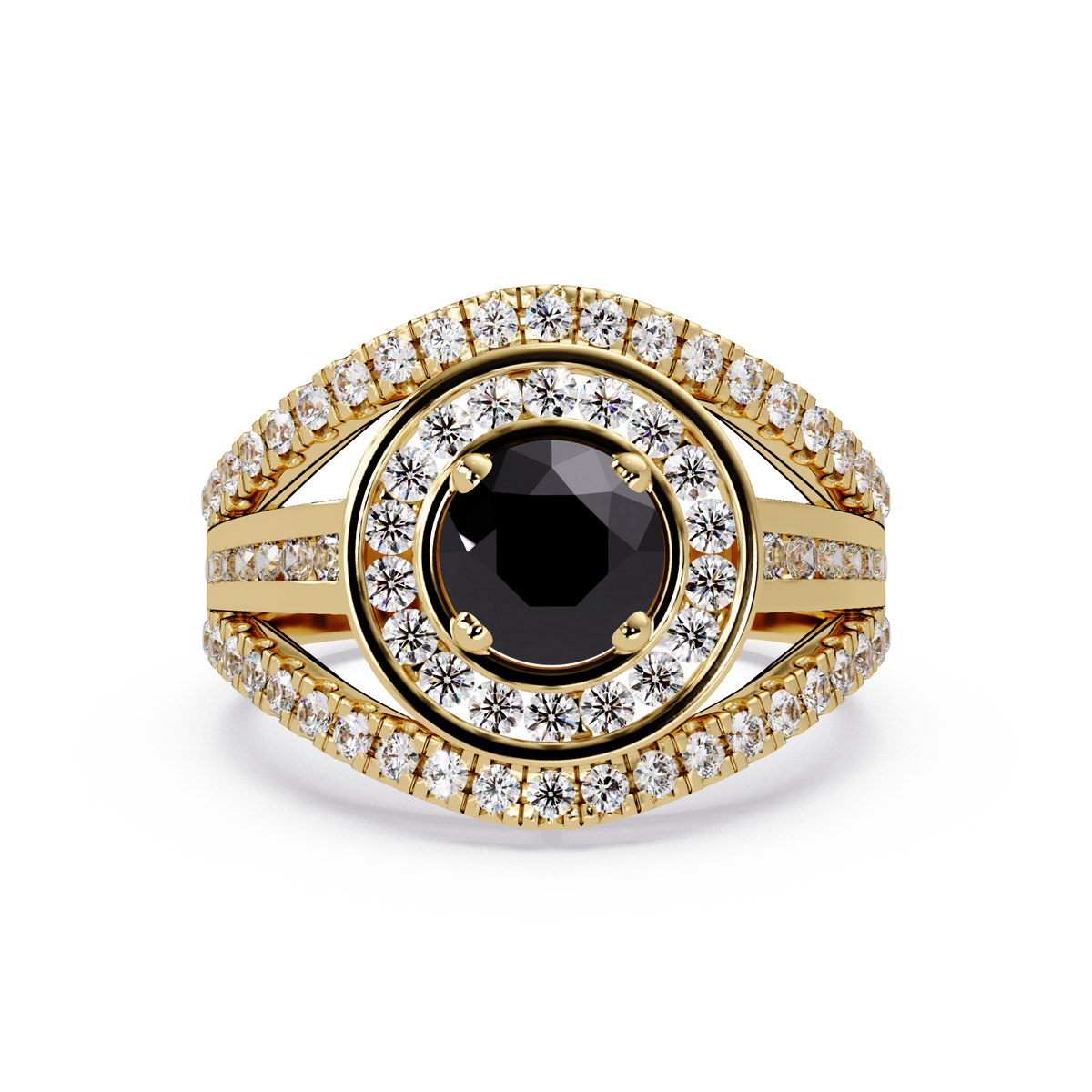 1.5 CTW Round Eye-Shaped Double-Halo Pavé Colorstone Ring ON Yellow Gold