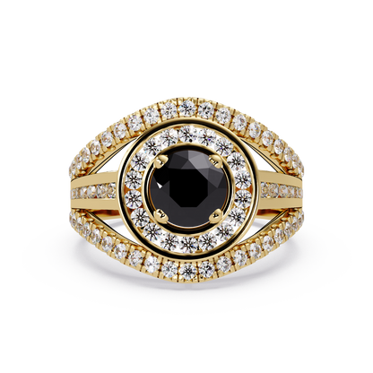 1.5 CTW Round Eye-Shaped Double-Halo Pavé Colorstone Ring ON Yellow Gold