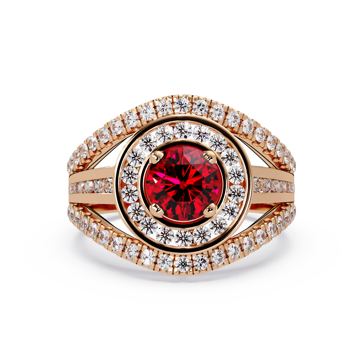 1.5 CTW Round Eye-Shaped Double-Halo Pavé Colorstone Ring RR Rose Gold