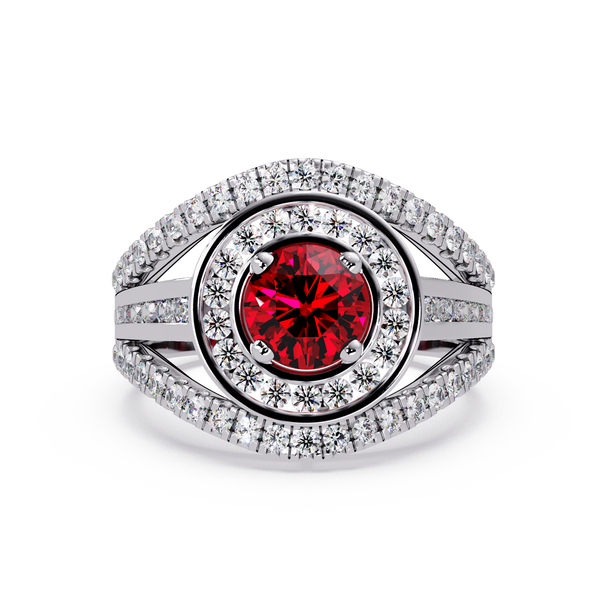 1.5 CTW Round Eye-Shaped Double-Halo Pavé Colorstone Ring RR White Gold