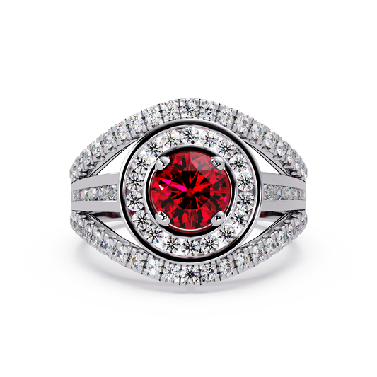 1.5 CTW Round Eye-Shaped Double-Halo Pavé Colorstone Ring RR White Gold