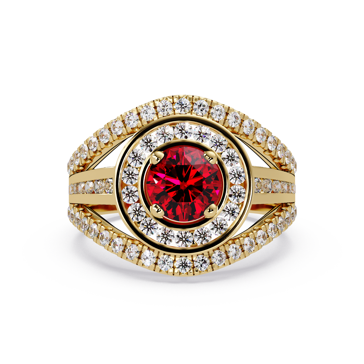 1.5 CTW Round Eye-Shaped Double-Halo Pavé Colorstone Ring RR Yellow Gold