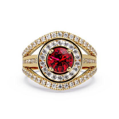 1.5 CTW Round Eye-Shaped Double-Halo Pavé Colorstone Ring RR Yellow Gold