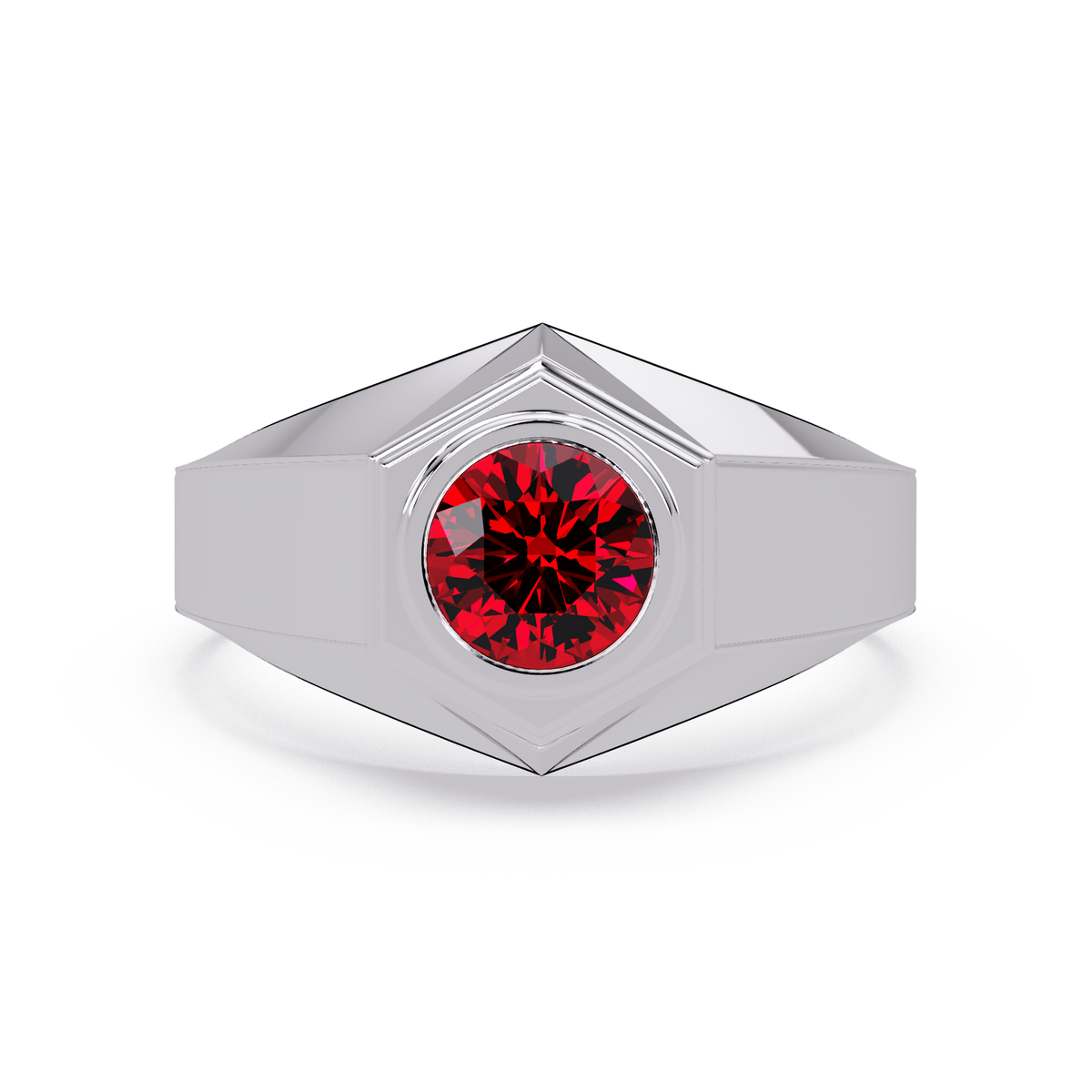 0.8 CTW Round Hexagonal Bezel Men’s Colorstone Ring with Ruby Red in White Gold – Lunéa Paris