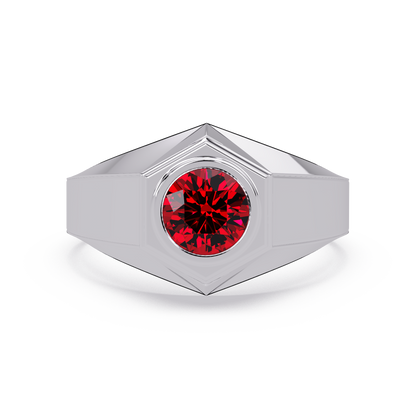 0.8 CTW Round Hexagonal Bezel Men’s Colorstone Ring with Ruby Red in White Gold – Lunéa Paris