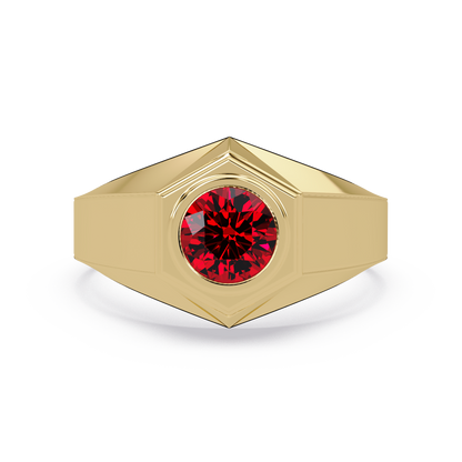 0.8 CTW Round Hexagonal Bezel Men’s Colorstone Ring with Ruby Red in Yellow Gold – Lunéa Paris