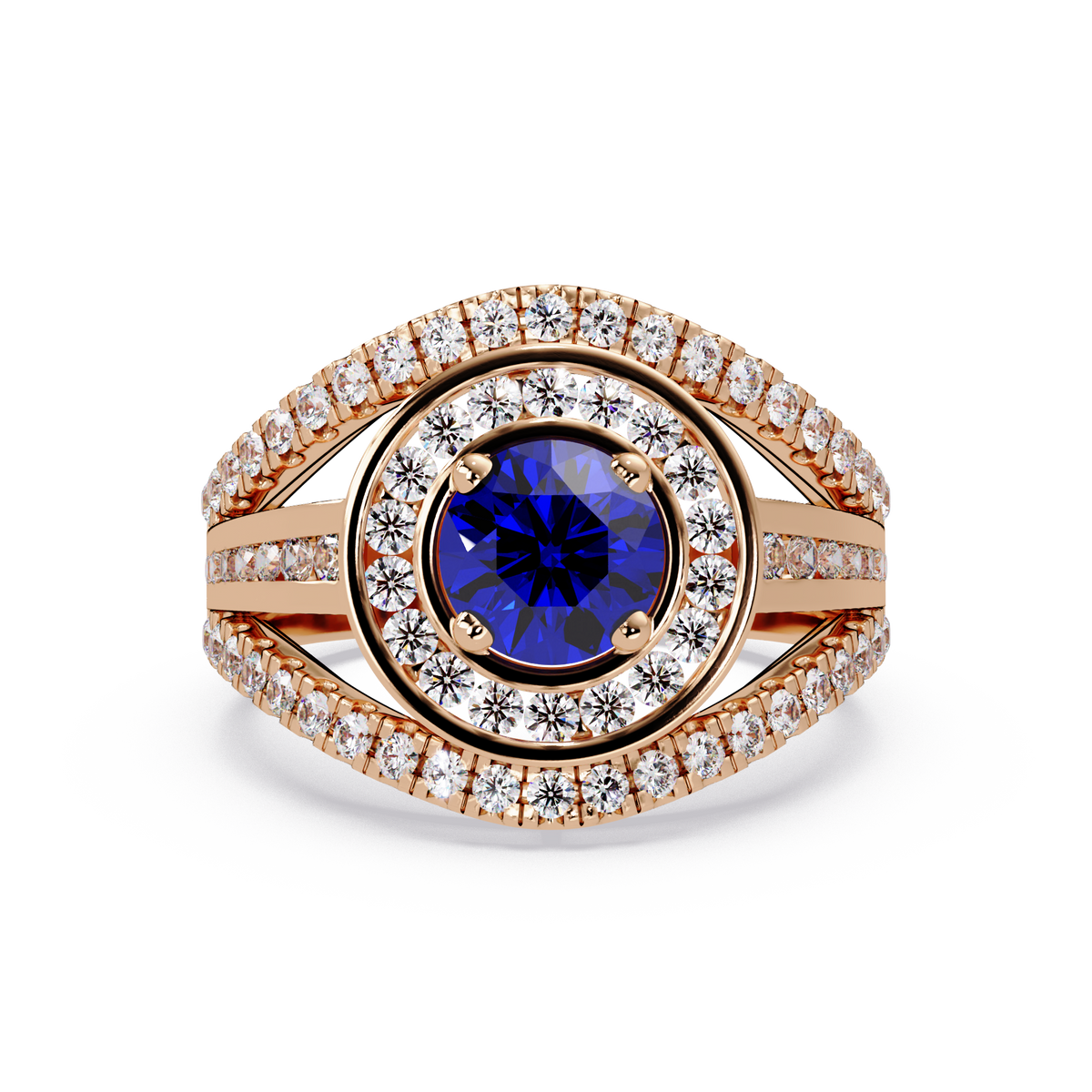 1.5 CTW Round Eye-Shaped Double-Halo Pavé Colorstone Ring SB Rose Gold