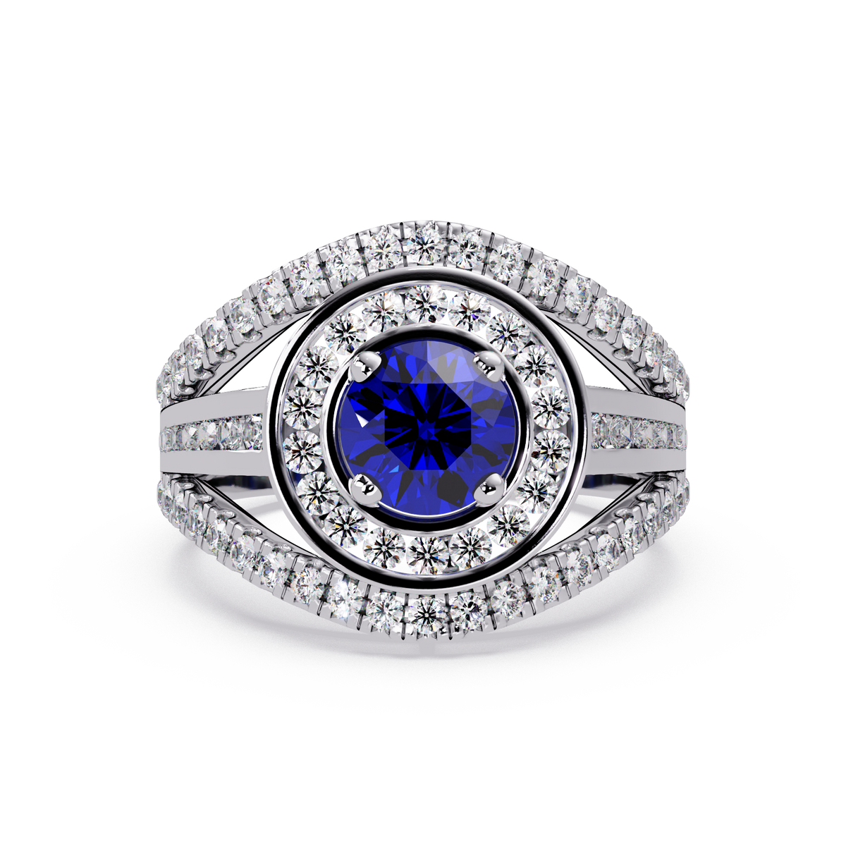 1.5 CTW Round Eye-Shaped Double-Halo Pavé Colorstone Ring SB White Gold