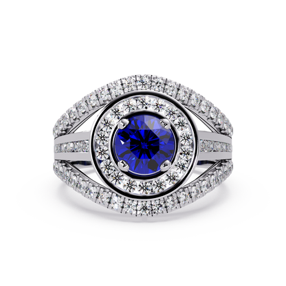 1.5 CTW Round Eye-Shaped Double-Halo Pavé Colorstone Ring SB White Gold