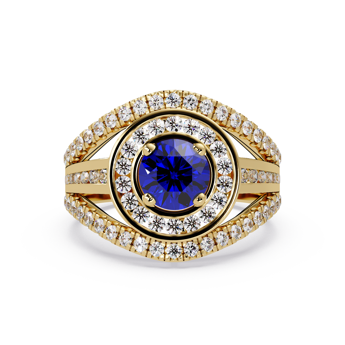 1.5 CTW Round Eye-Shaped Double-Halo Pavé Colorstone Ring SB Yellow Gold