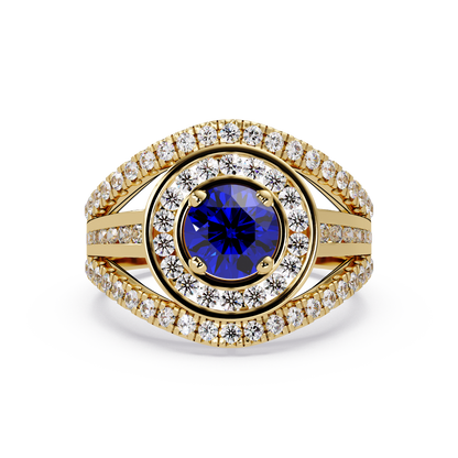 1.5 CTW Round Eye-Shaped Double-Halo Pavé Colorstone Ring SB Yellow Gold
