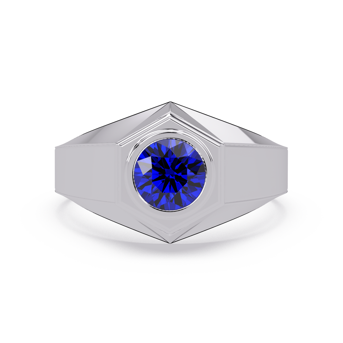 0.8 CTW Round Hexagonal Bezel Men’s Colorstone Ring with Sapphire Blue in White Gold – Lunéa Paris