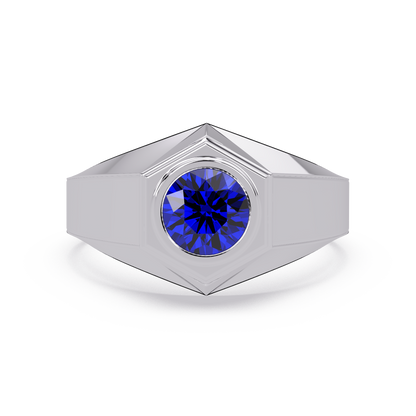 0.8 CTW Round Hexagonal Bezel Men’s Colorstone Ring with Sapphire Blue in White Gold – Lunéa Paris