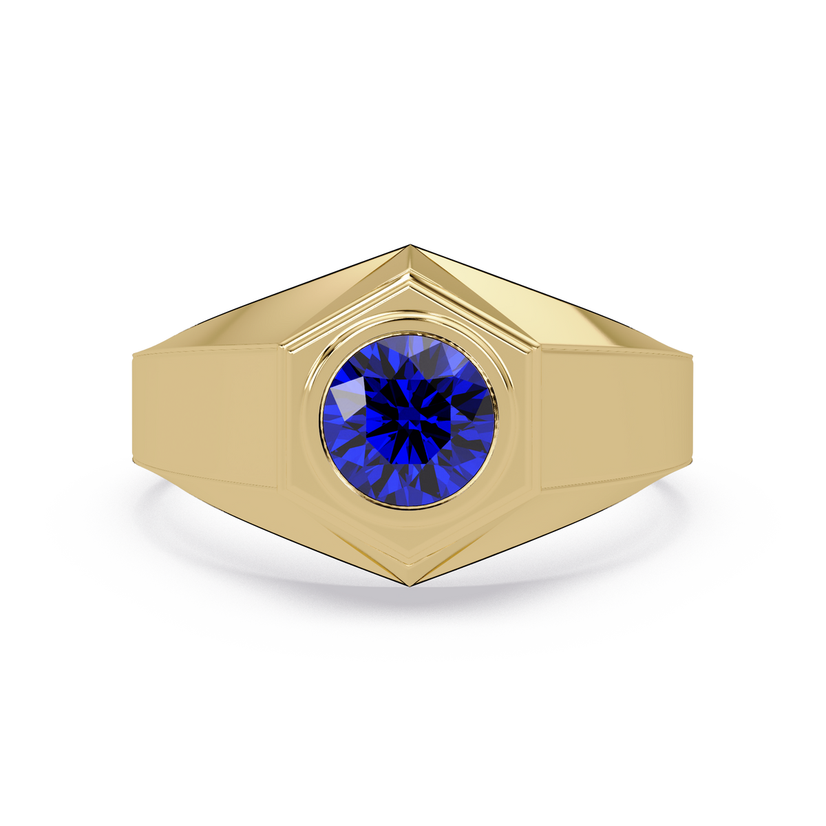 0.8 CTW Round Hexagonal Bezel Men’s Colorstone Ring with Sapphire Blue in Yellow Gold – Lunéa Paris