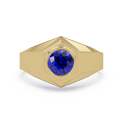 0.8 CTW Round Hexagonal Bezel Men’s Colorstone Ring with Sapphire Blue in Yellow Gold – Lunéa Paris