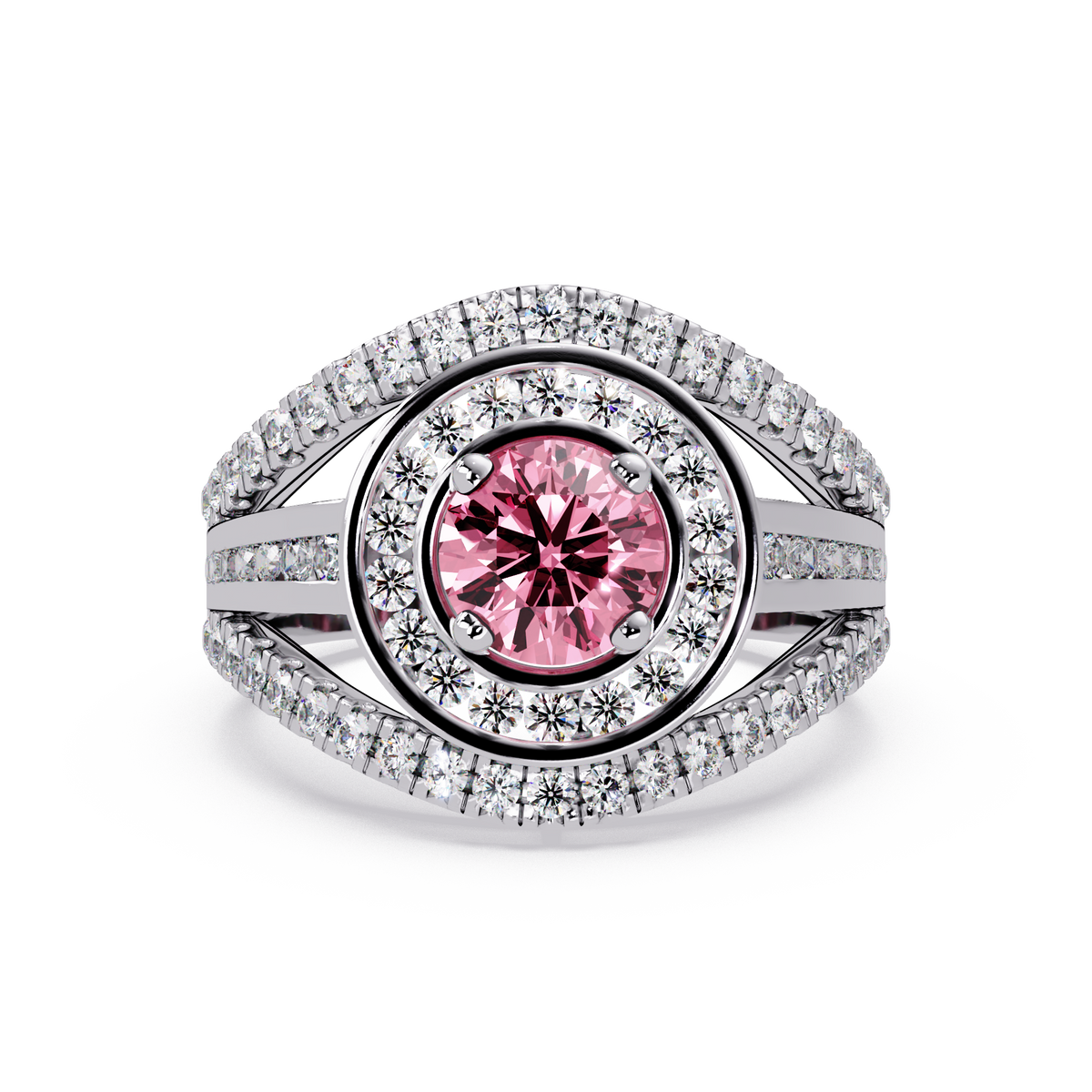 1.5 CTW Round Eye-Shaped Double-Halo Pavé Colorstone Ring TP White Gold