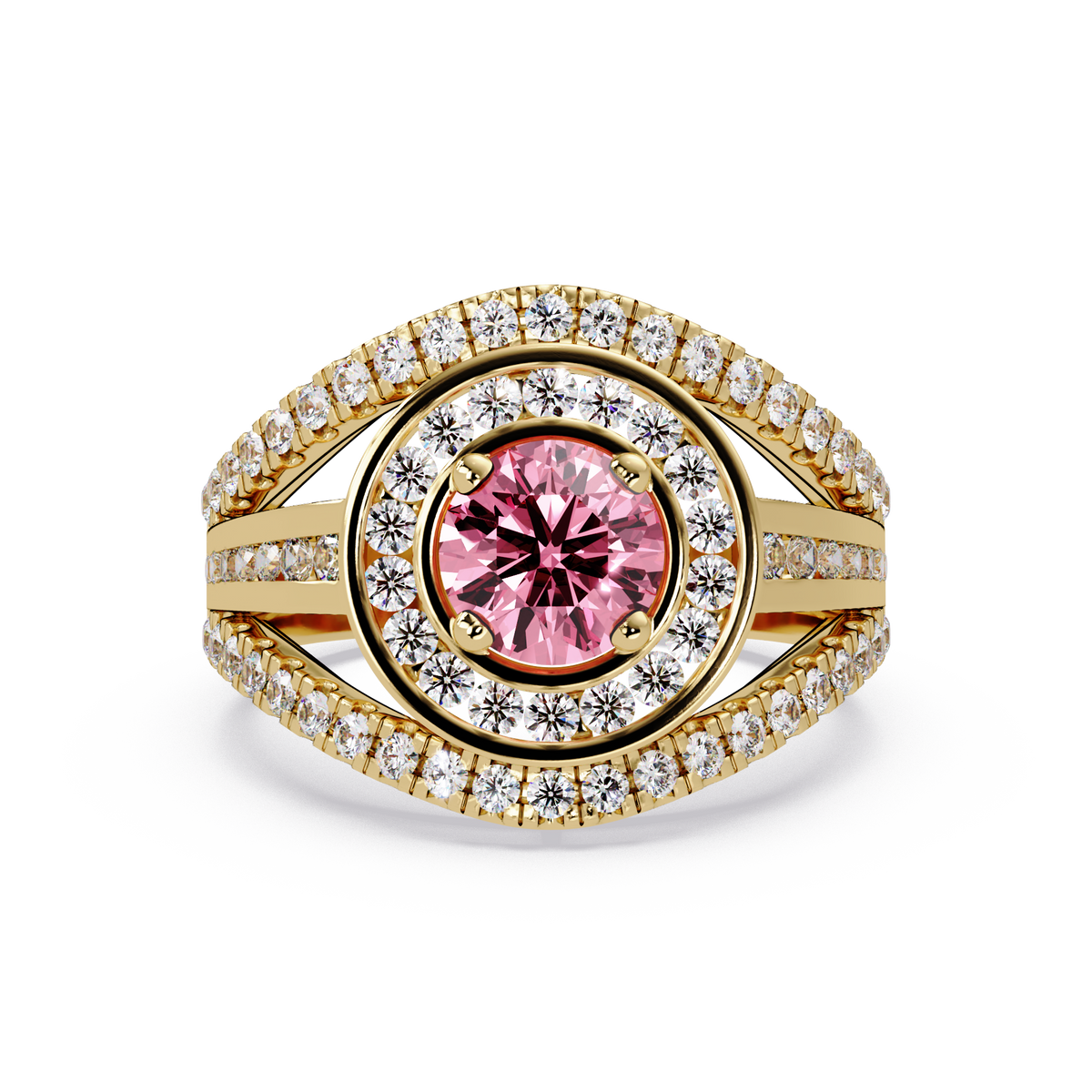 1.5 CTW Round Eye-Shaped Double-Halo Pavé Colorstone Ring TP Yellow Gold