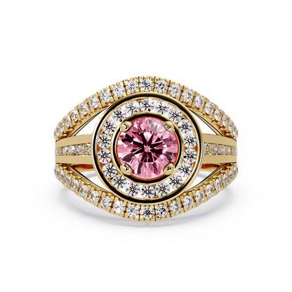 1.5 CTW Round Eye-Shaped Double-Halo Pavé Colorstone Ring TP Yellow Gold
