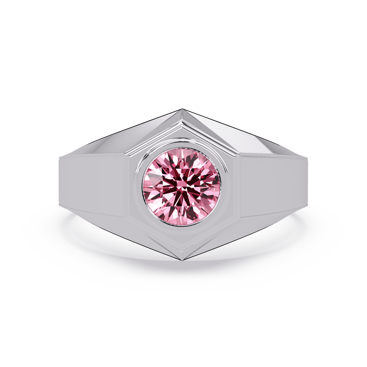 0.8 CTW Round Hexagonal Bezel Men’s Colorstone Ring with Tourmaline Pink in White Gold – Lunéa Paris